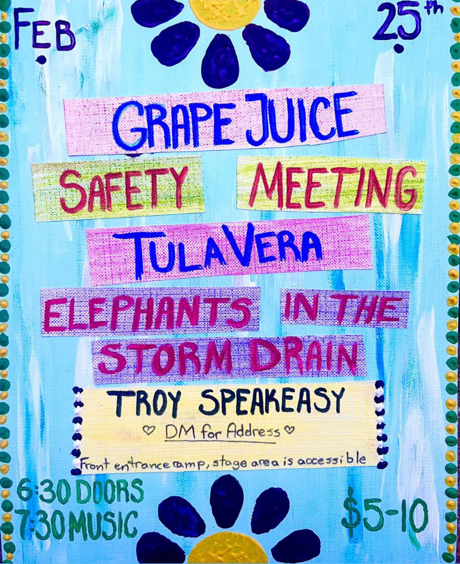 Grape Juice!/ Safety Meeting/ Tula Vera/ Elephants in the Storm Drain at Troy Speakeasy in Troy NY on 2/25/2023